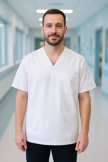 Tek Üst 4 Cepli Erkek Scrubs Forma - Beyaz