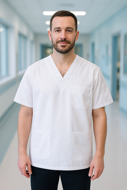 Tek Üst 4 Cepli Erkek Scrubs Forma - Beyaz