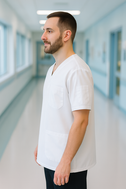 Tek Üst 4 Cepli Erkek Scrubs Forma - Beyaz