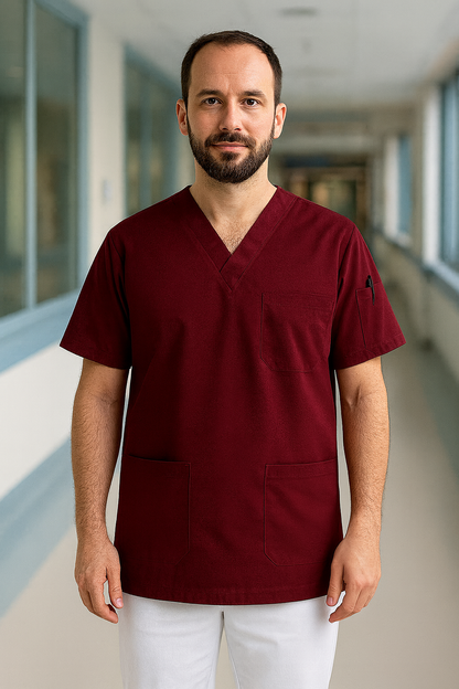 Tek Üst 4 Cepli Erkek Scrubs Forma - Bordo