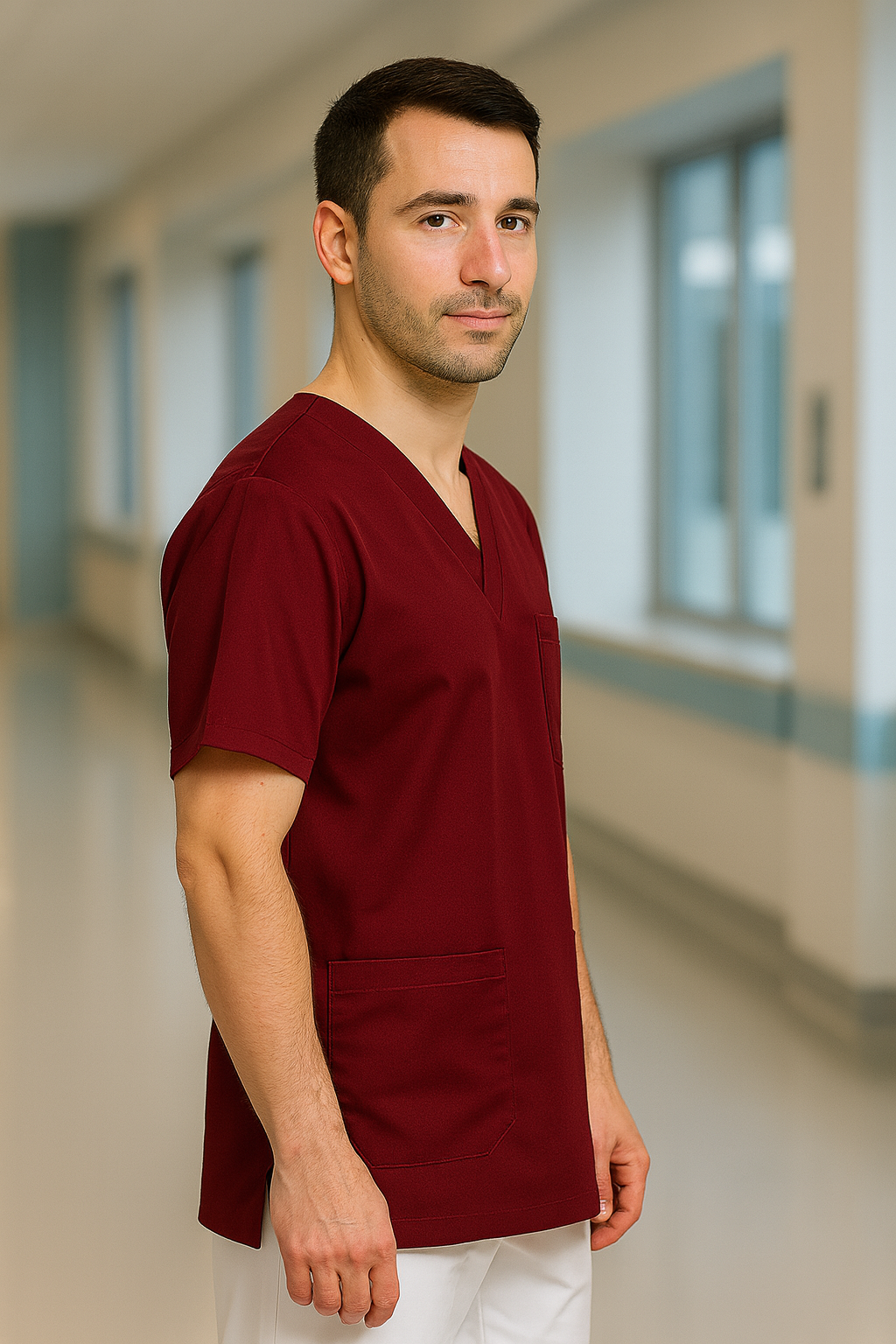 Tek Üst 4 Cepli Erkek Scrubs Forma - Bordo