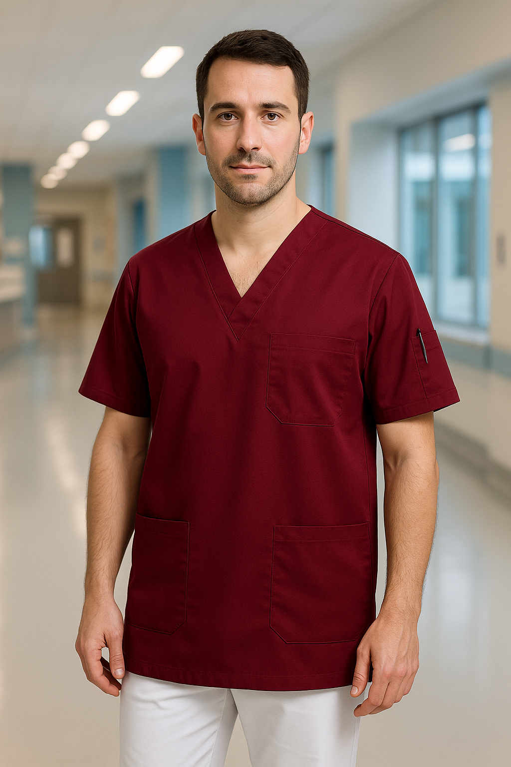 Tek Üst 4 Cepli Erkek Scrubs Forma - Bordo