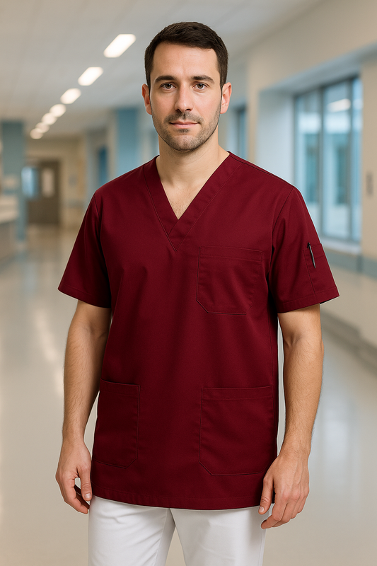 Tek Üst 4 Cepli Erkek Scrubs Forma - Bordo