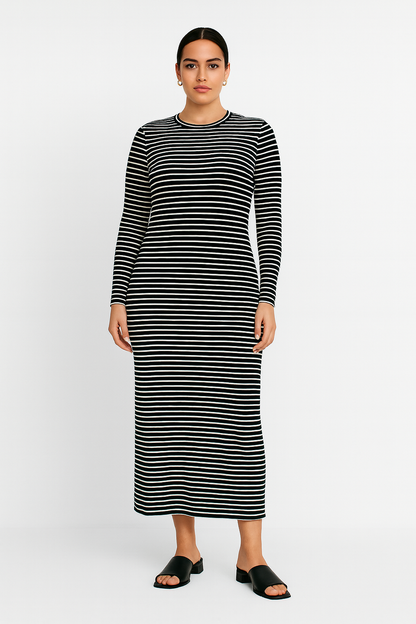 Büyük Beden Uzun Kollu Fitilli Elbise - Siyah Beyaz Çizgili