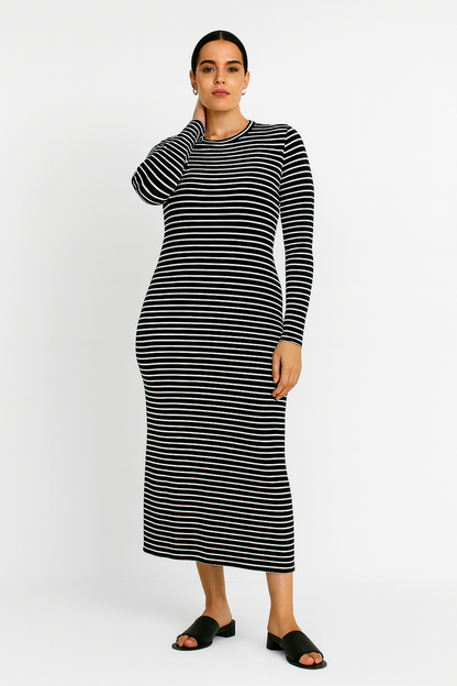 Büyük Beden Uzun Kollu Fitilli Elbise - Siyah Beyaz Çizgili