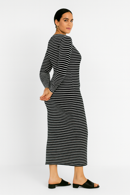 Büyük Beden Uzun Kollu Fitilli Elbise - Siyah Beyaz Çizgili