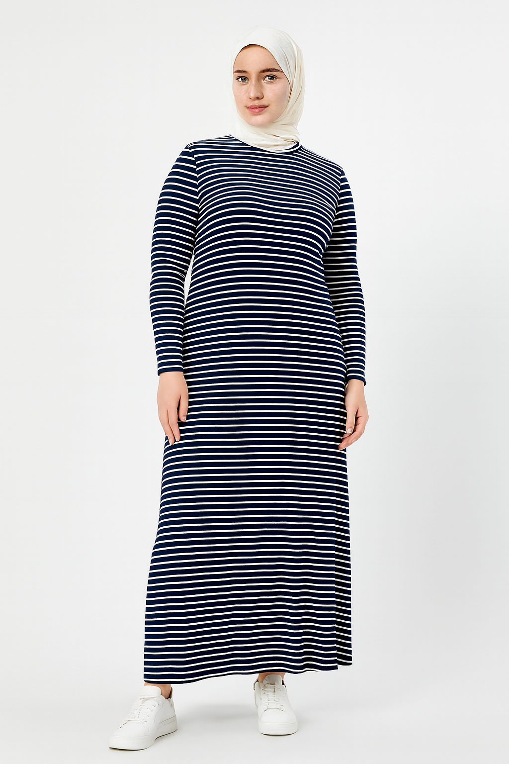 Büyük Beden Uzun Kollu Fitilli Elbise - Siyah Beyaz Çizgili