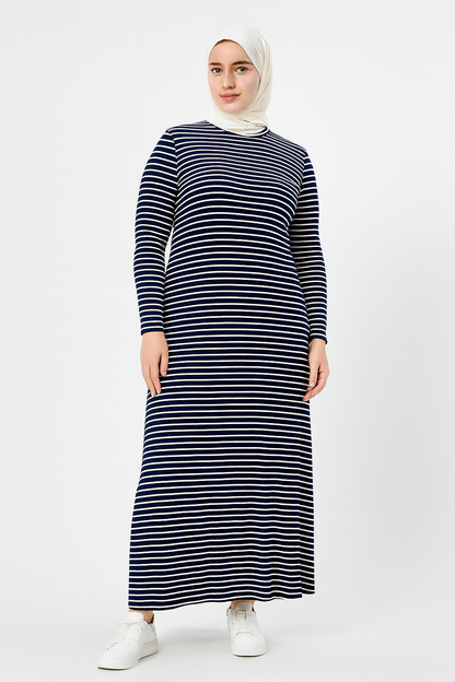 Büyük Beden Uzun Kollu Fitilli Elbise - Siyah Beyaz Çizgili