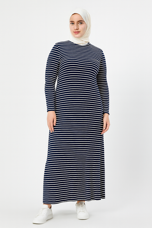 Büyük Beden Uzun Kollu Fitilli Elbise - Siyah Beyaz Çizgili