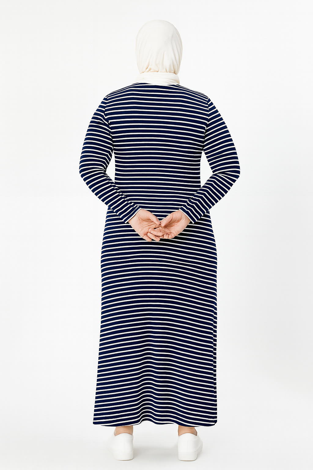 Büyük Beden Uzun Kollu Fitilli Elbise - Siyah Beyaz Çizgili