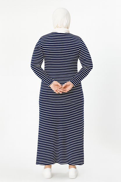 Büyük Beden Uzun Kollu Fitilli Elbise - Siyah Beyaz Çizgili