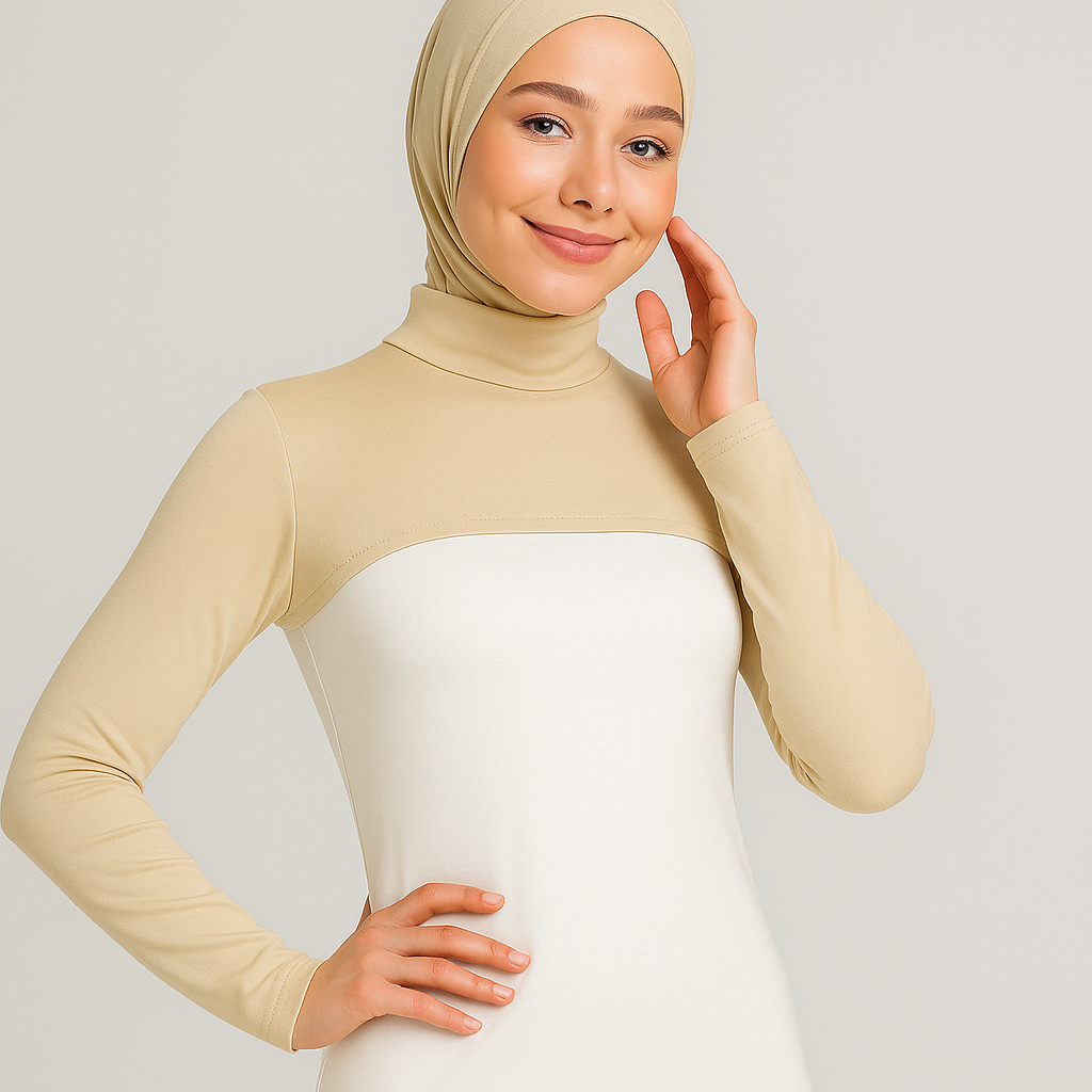 Bej renk tesettür boyunluk ve kolluk kombinli uzun kollu kadın içlik modeli