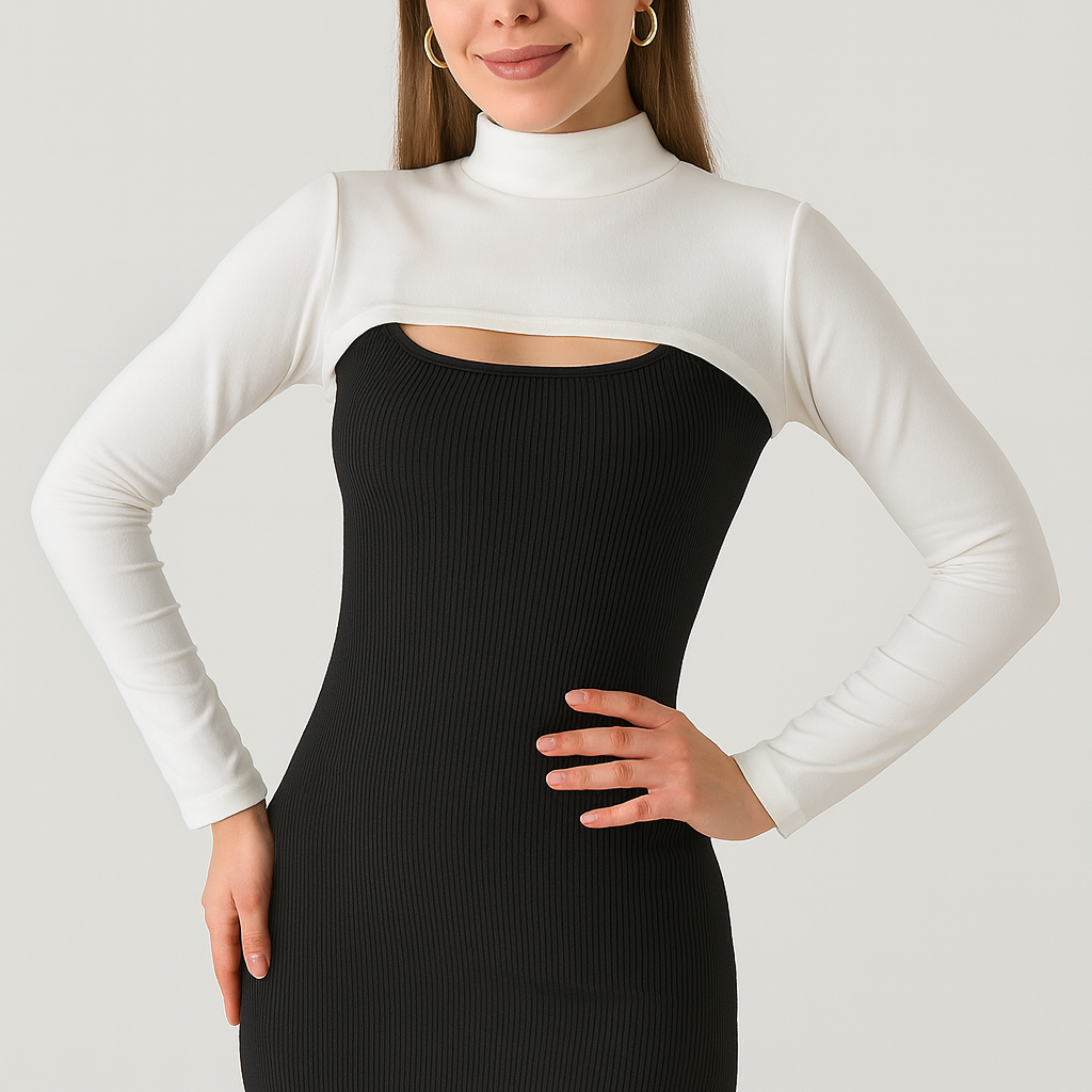 Kadın tesettür kolluk beyaz boyunluk ile tamamlanan şık görünüm