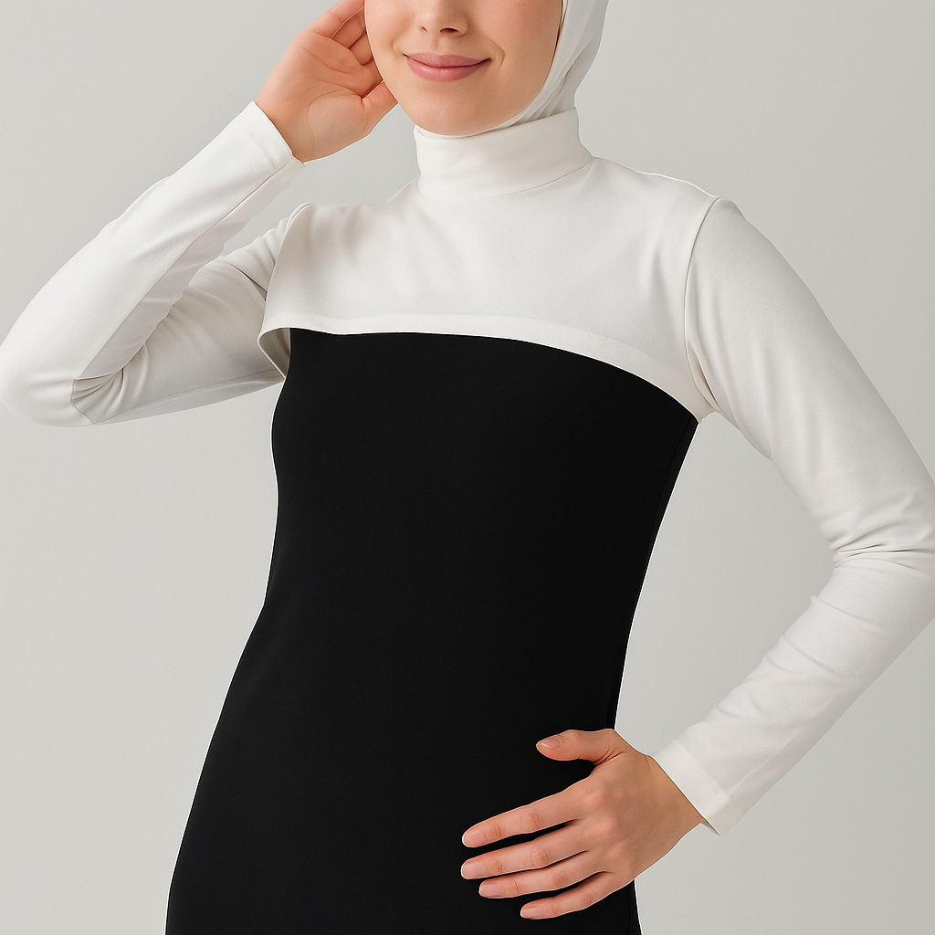 Tesettür boyunluk ve kolluk kombinli kadın beyaz siyah modern görünüm