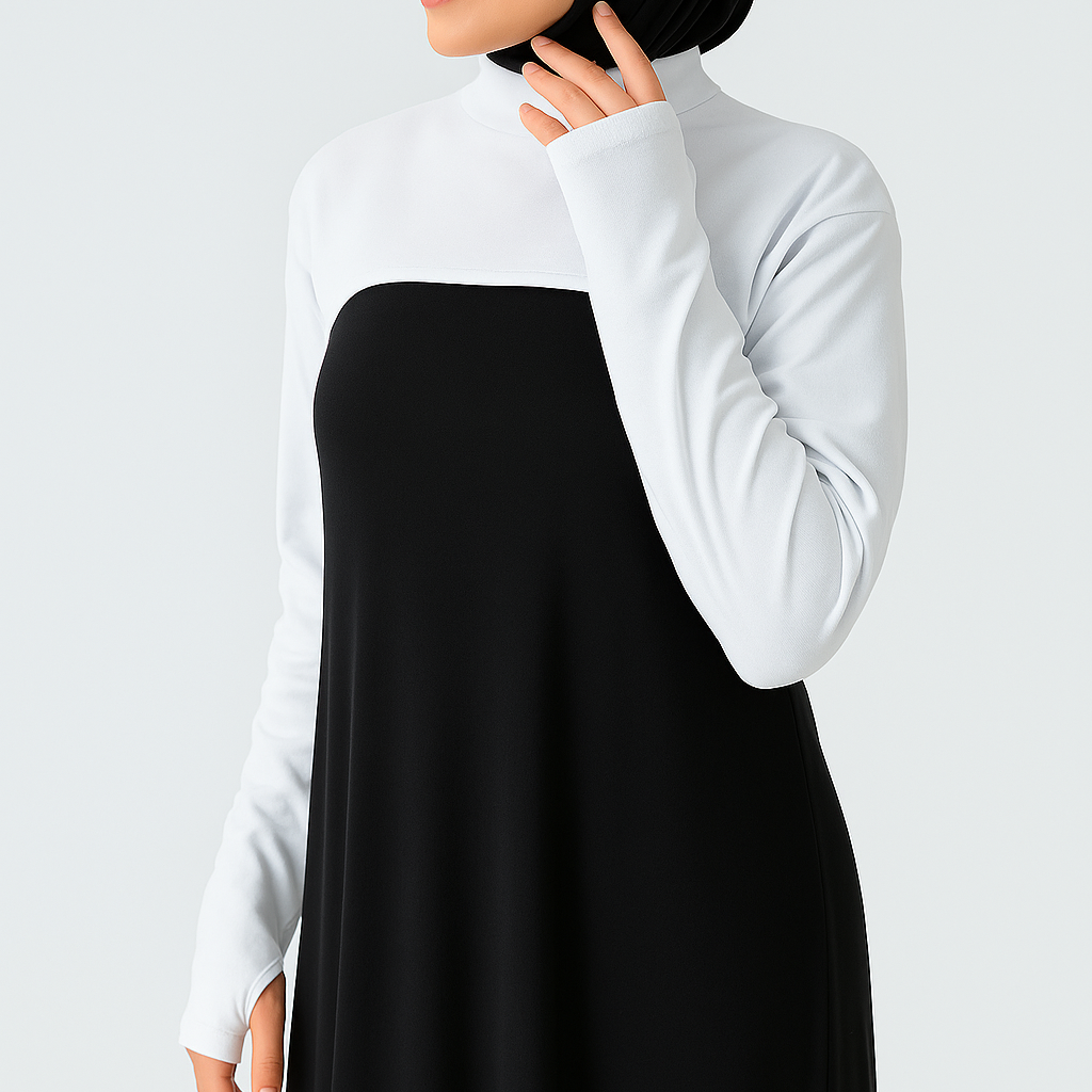 Tesettür boyunluk ve kolluk detaylı modern kadın elbise modeli