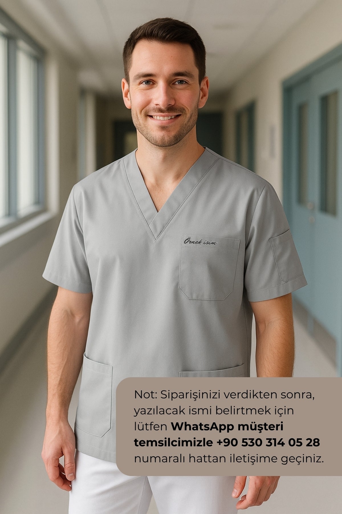 Kişiye Özel İsimli Erkek Tek Üst 4 Cepli Scrubs Forma - Gri