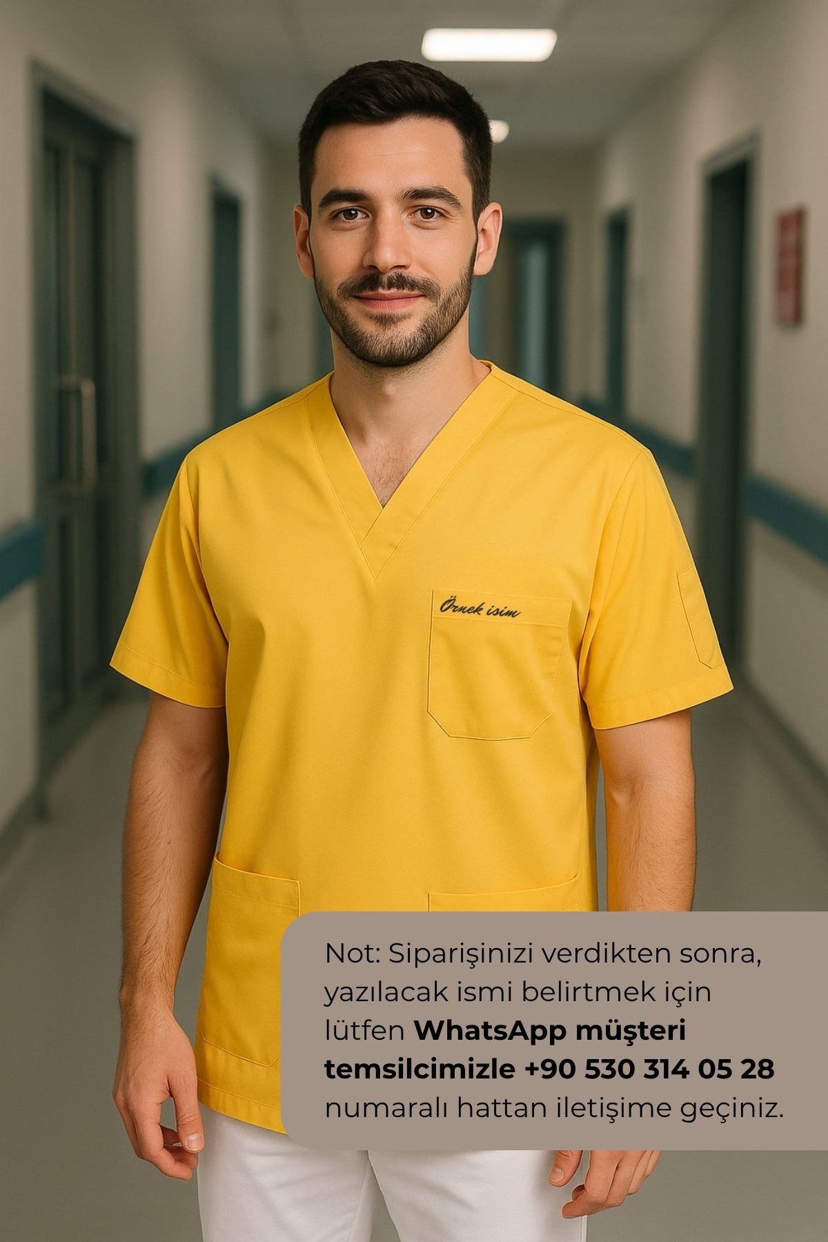 Kişiye Özel İsimli Erkek Tek Üst 4 Cepli Scrubs Forma - Sarı