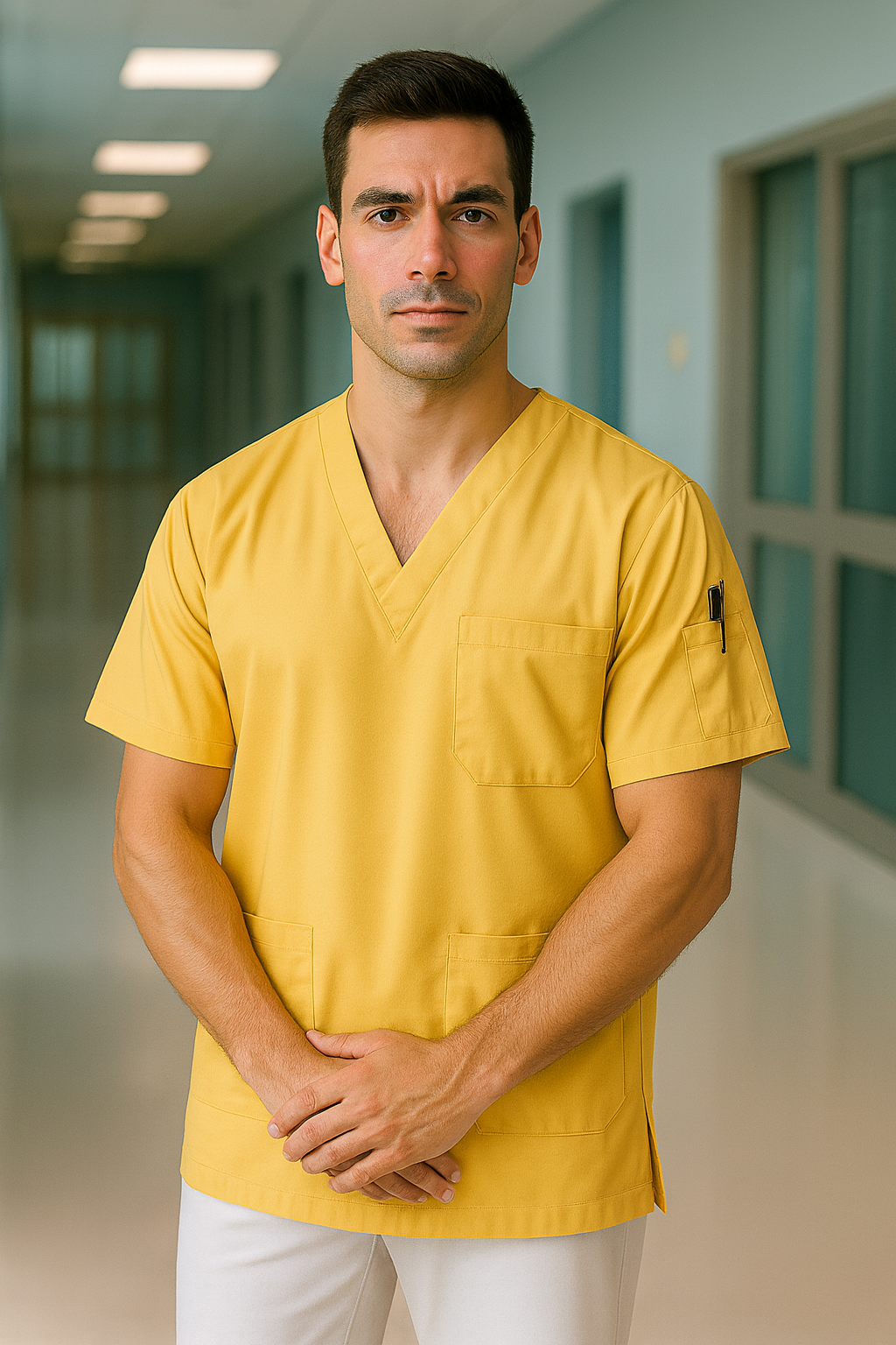 Tek Üst 4 Cepli Erkek Scrubs Forma - Limon