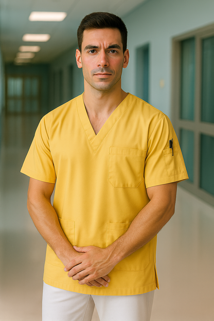 Tek Üst 4 Cepli Erkek Scrubs Forma - Limon