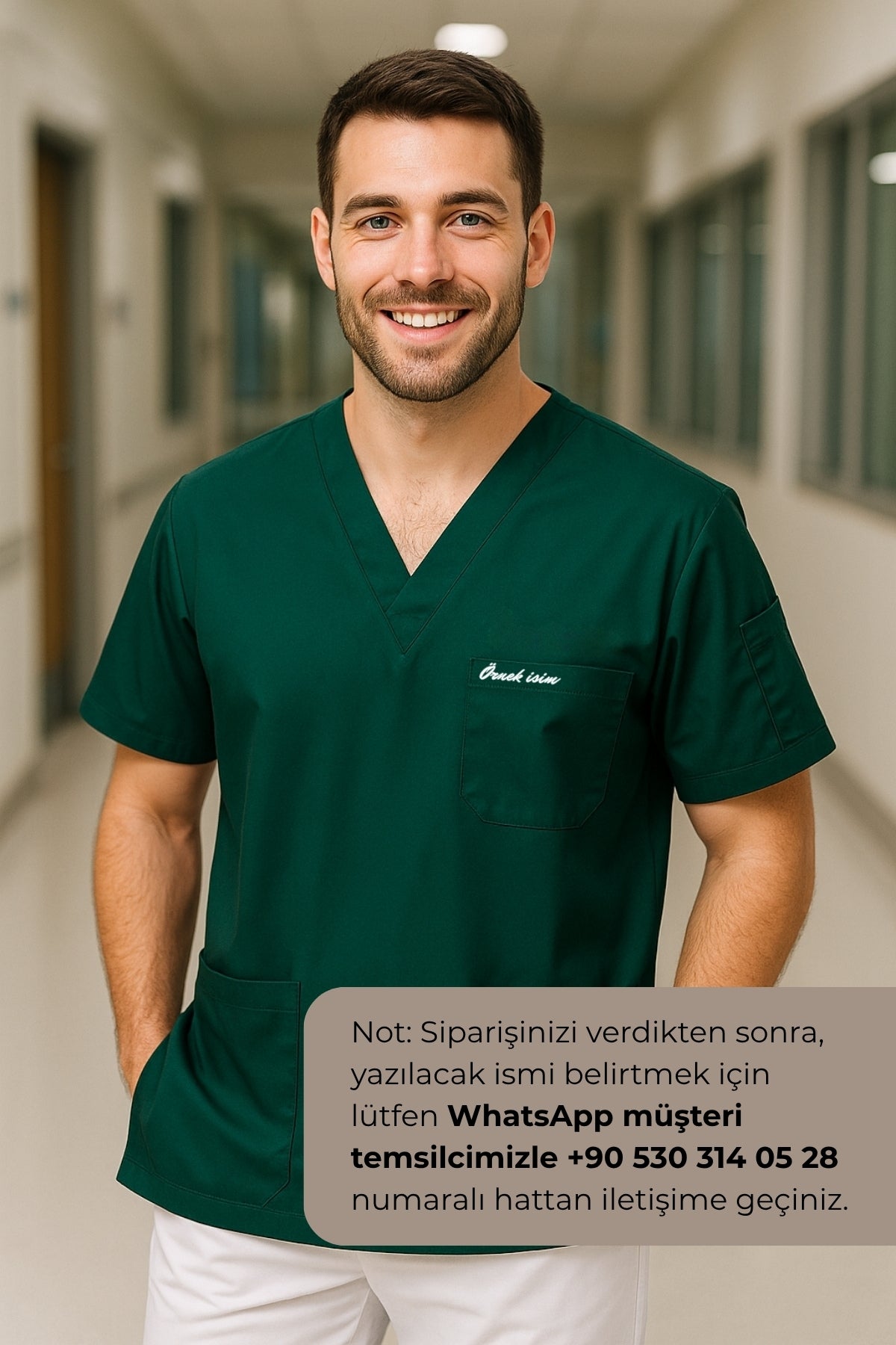 Kişiye Özel İsimli Erkek Tek Üst 4 Cepli Scrubs Forma - Yeşil