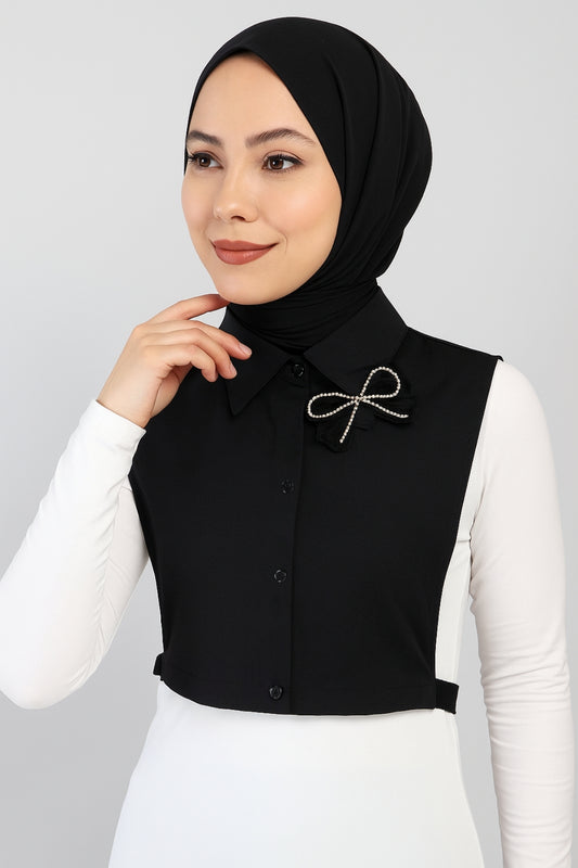 Taşlı Fiyonk Broşlu Gömlek Yaka - Siyah