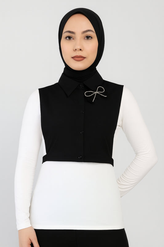 Taşlı Fiyonk Broşlu Gömlek Yaka - Siyah