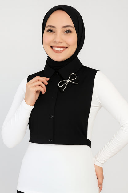 Taşlı Fiyonk Broşlu Gömlek Yaka - Siyah