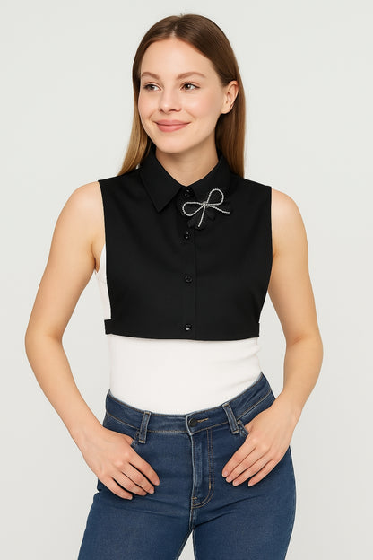 Taşlı Fiyonk Broşlu Gömlek Yaka - Siyah