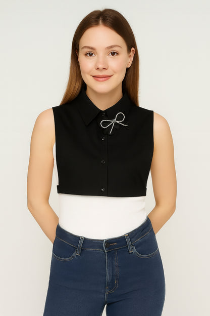 Taşlı Fiyonk Broşlu Gömlek Yaka - Siyah