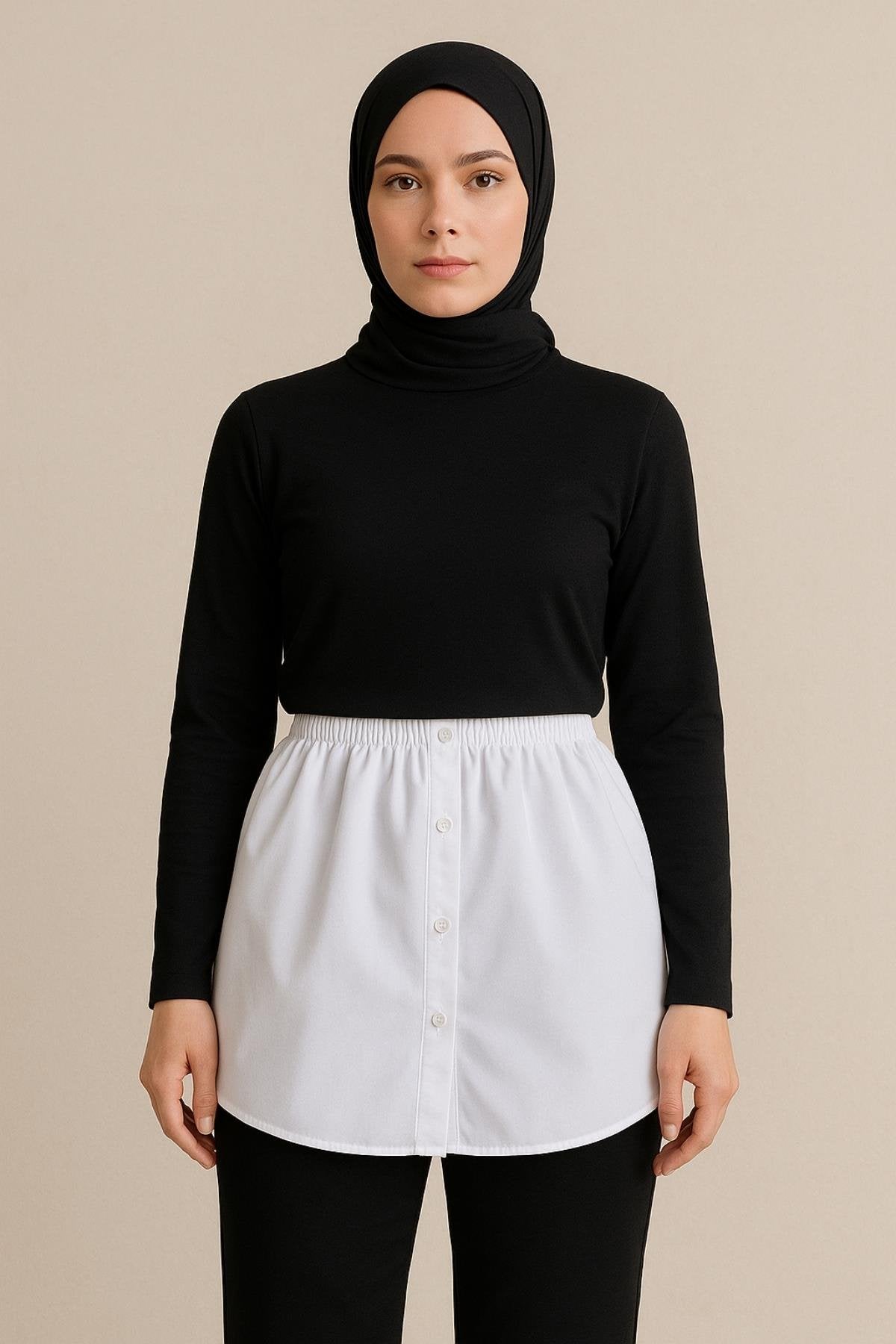 Gömlek etek kombin tesettür siyah triko ve beyaz gömlek uyumu