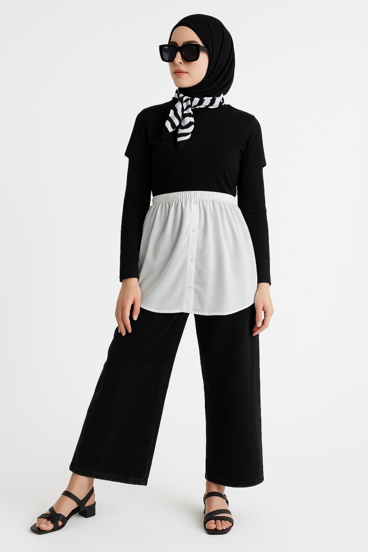 Siyah beyaz tesettür etek gömlek kombin, modern etek üstü gömlek tesettür stil