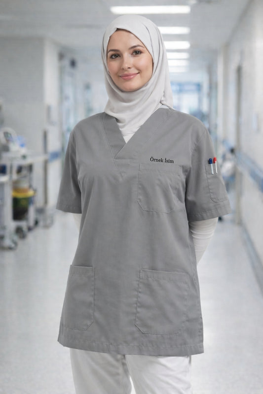 Kişiye Özel İsimli Tek Üst 4 Cepli Scrubs Forma - Gri