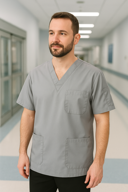 Tek Üst 4 Cepli Erkek Scrubs Forma - Gri