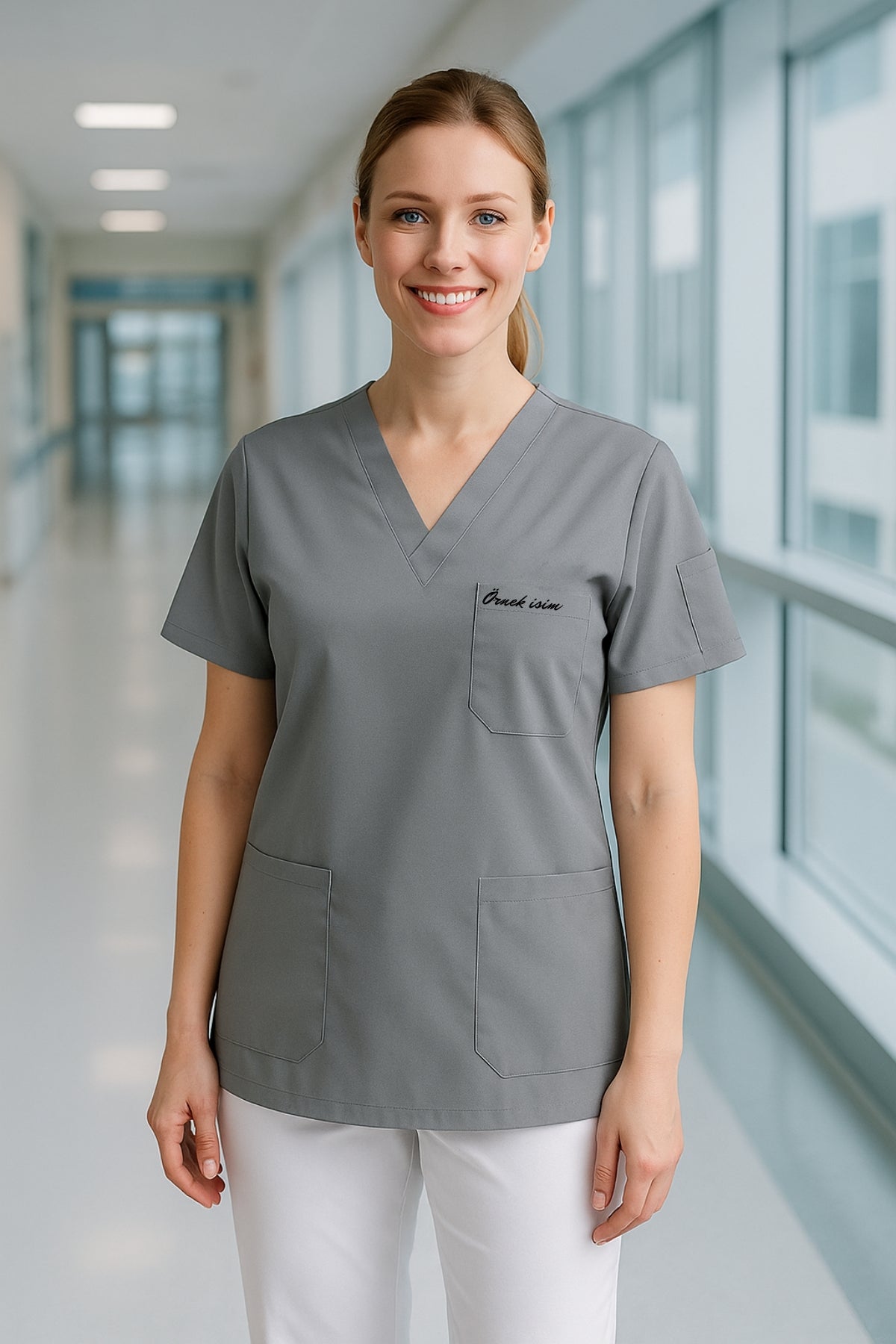 Kişiye Özel İsimli Tek Üst 4 Cepli Scrubs Forma - Gri