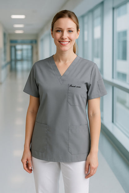 Kişiye Özel İsimli Tek Üst 4 Cepli Scrubs Forma - Gri