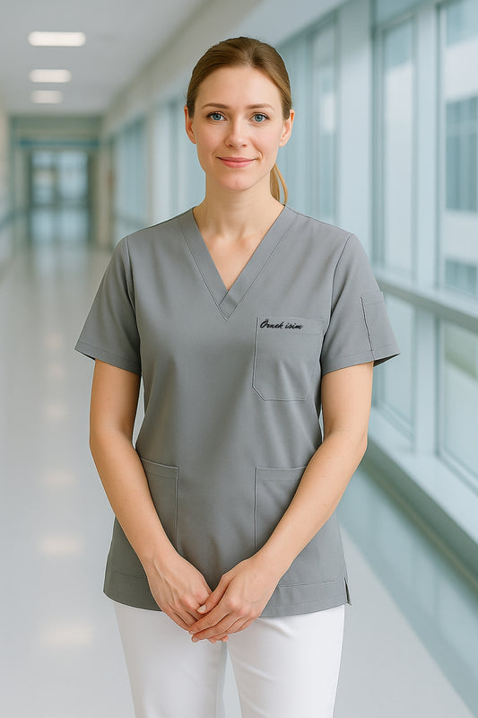 Kişiye Özel İsimli Tek Üst 4 Cepli Scrubs Forma - Gri