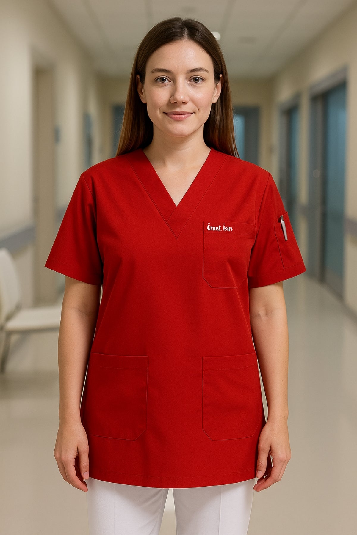 Kişiye Özel İsimli Tek Üst 4 Cepli Scrubs Forma - Kırmızı