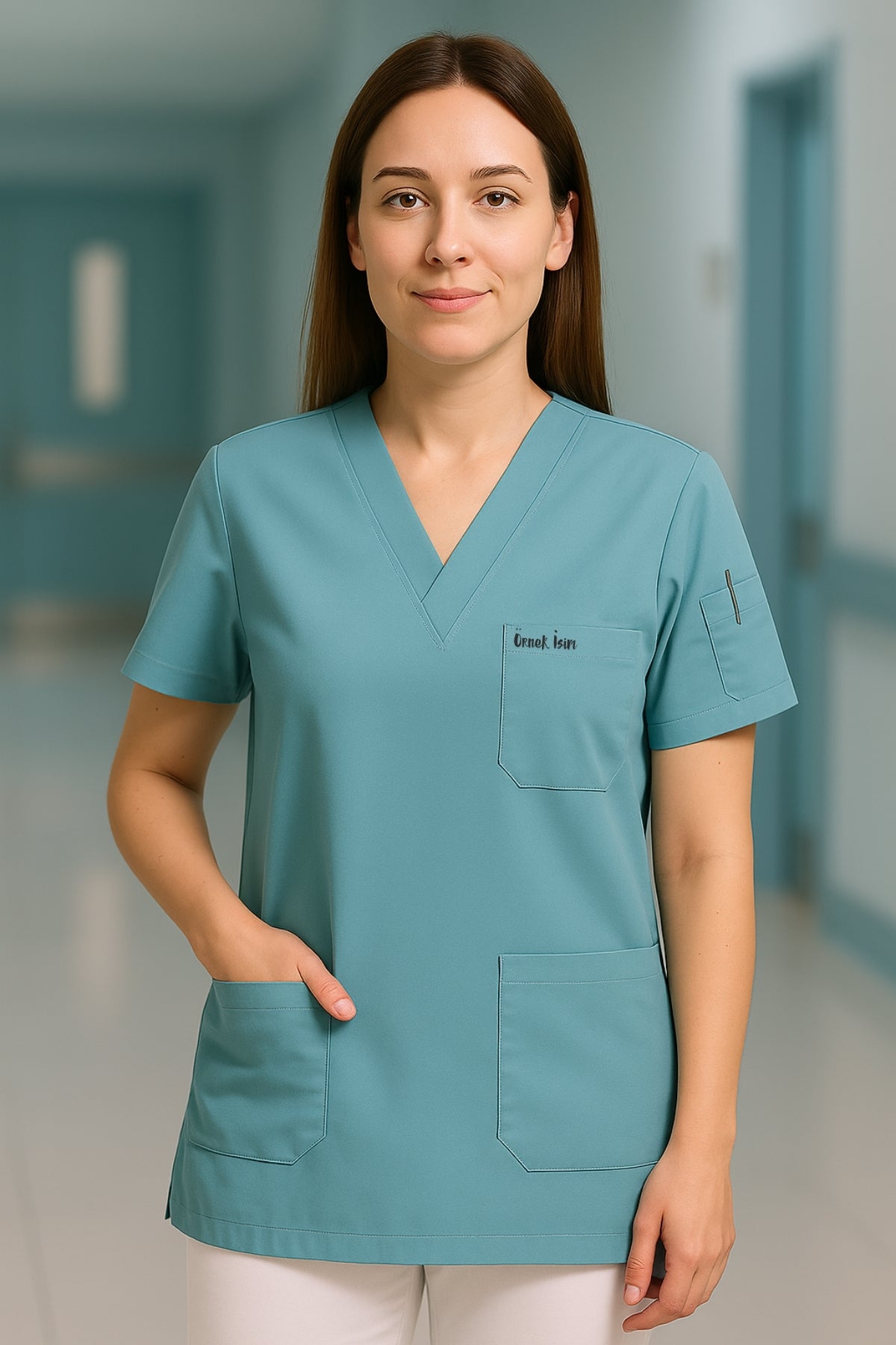 Kişiye Özel İsimli Tek Üst 4 Cepli Scrubs Forma - Mavi