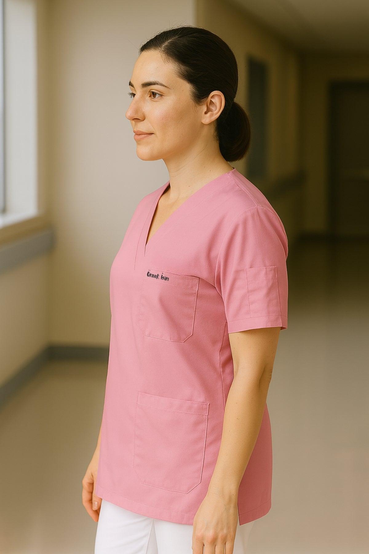 Kişiye Özel İsimli Tek Üst 4 Cepli Scrubs Forma - Pembe