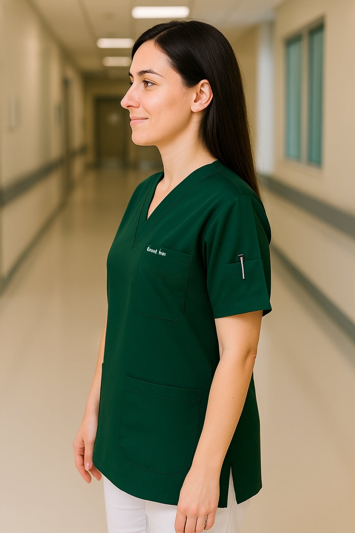 Kişiye Özel İsimli Tek Üst 4 Cepli Scrubs Forma - Yeşil