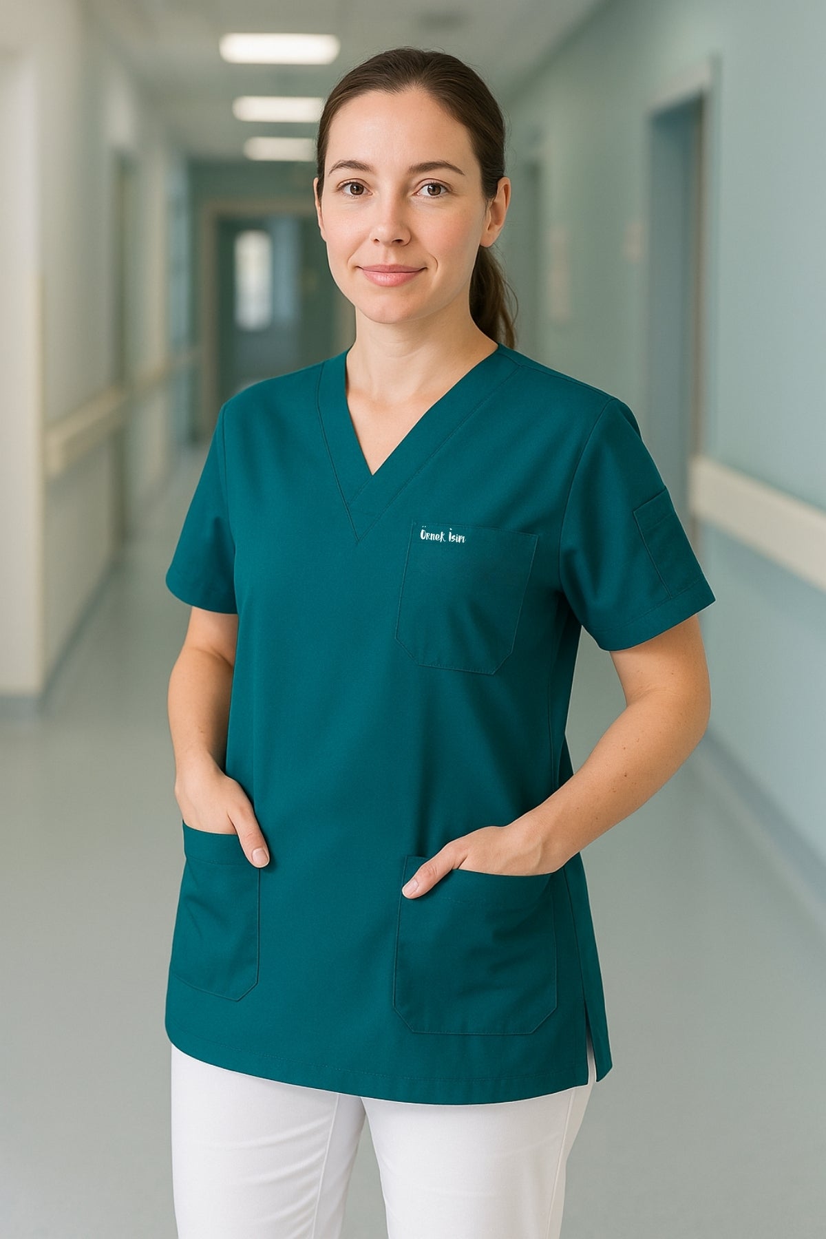 Kişiye Özel İsimli Tek Üst 4 Cepli Scrubs Forma - Petrol