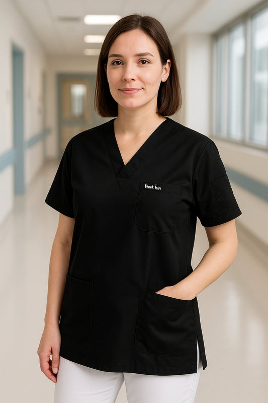 Kişiye Özel İsimli Tek Üst 4 Cepli Scrubs Forma - Siyah