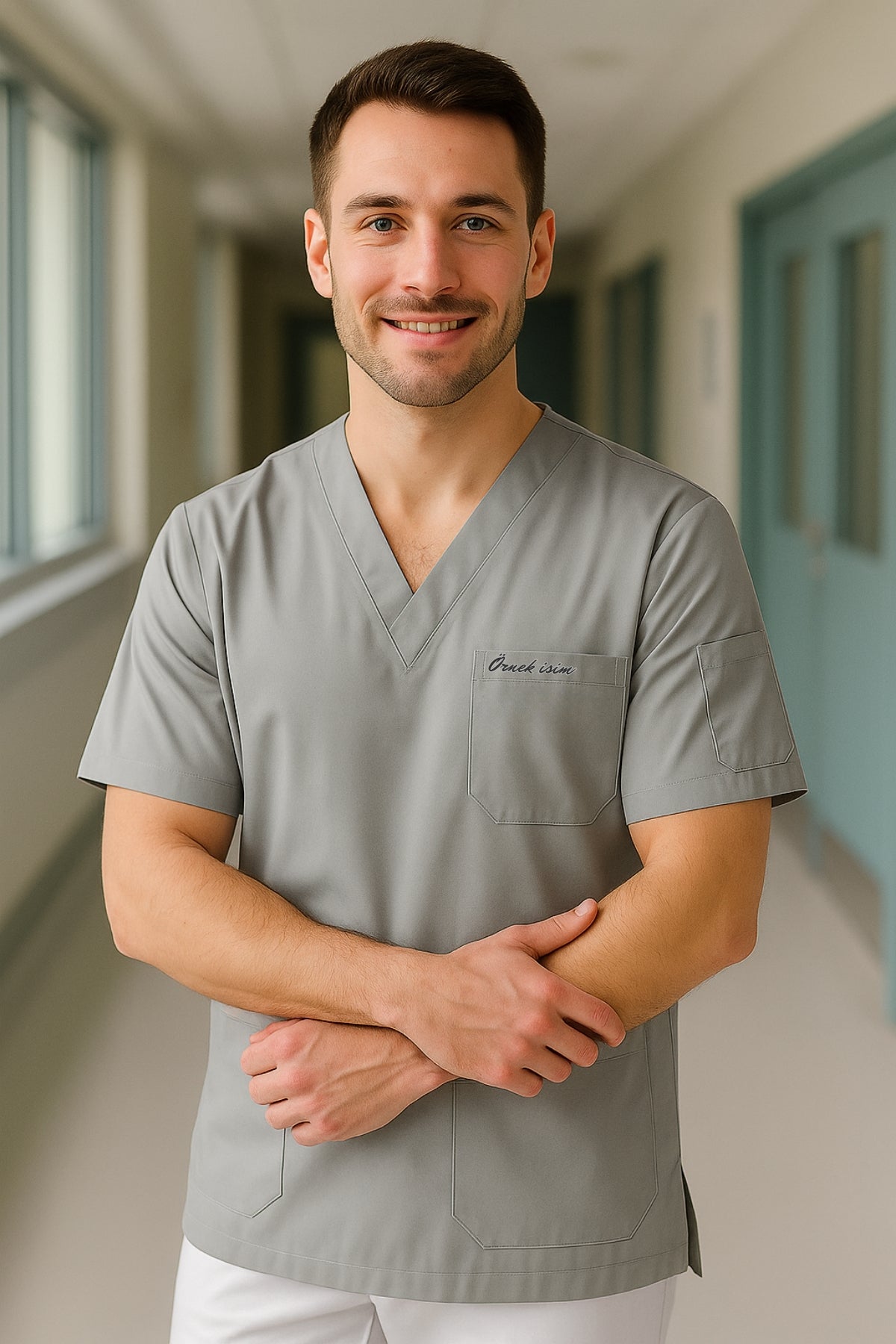 Kişiye Özel İsimli Erkek Tek Üst 4 Cepli Scrubs Forma - Gri