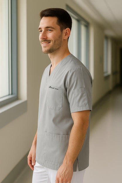 Kişiye Özel İsimli Erkek Tek Üst 4 Cepli Scrubs Forma - Gri