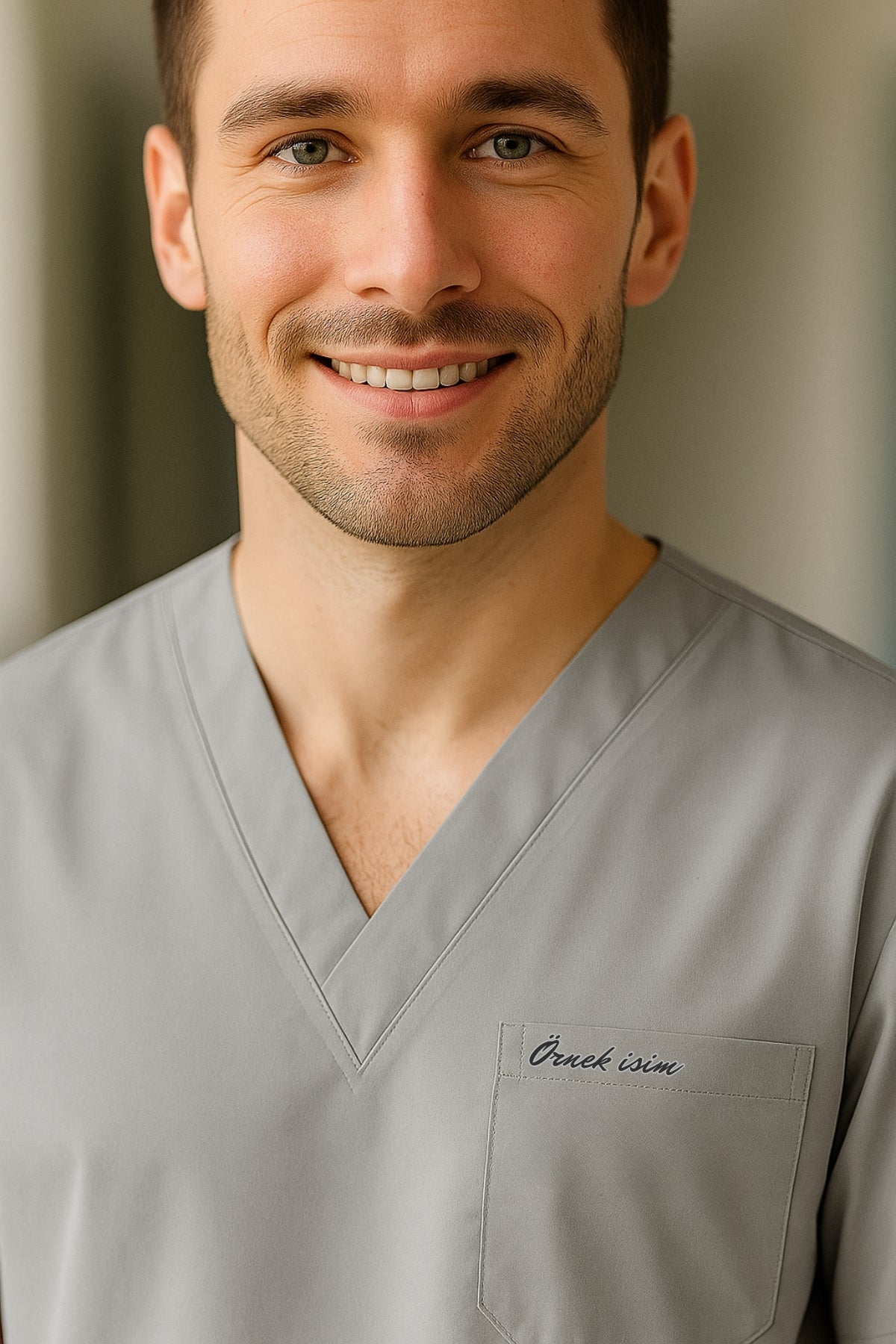 Kişiye Özel İsimli Erkek Tek Üst 4 Cepli Scrubs Forma - Gri