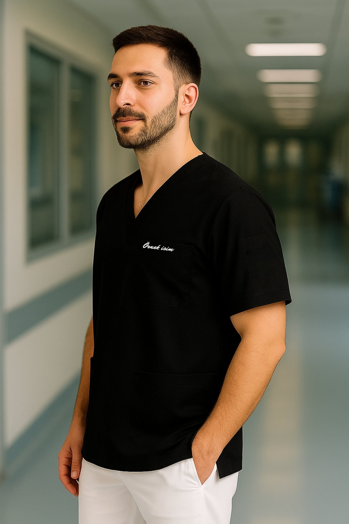 Kişiye Özel İsimli Erkek Tek Üst 4 Cepli Scrubs Forma - Siyah