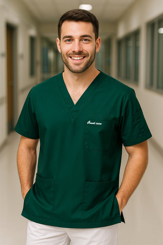 Kişiye Özel İsimli Erkek Tek Üst 4 Cepli Scrubs Forma - Yeşil