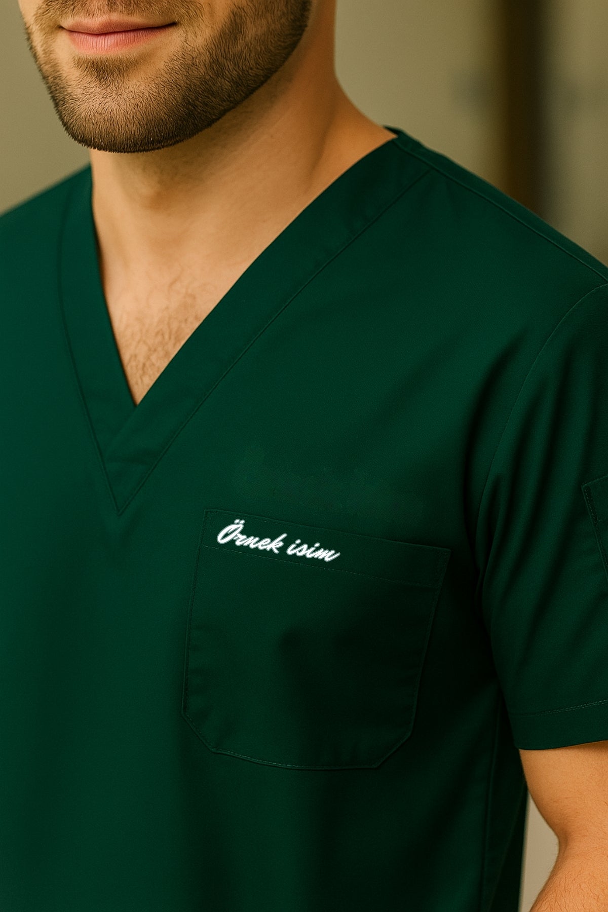 Kişiye Özel İsimli Erkek Tek Üst 4 Cepli Scrubs Forma - Yeşil