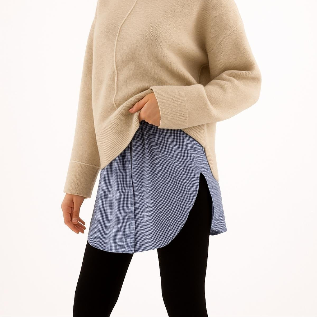 Bej triko ve etek üstü gömlek detaylı şık tesettür etek gömlek kombin