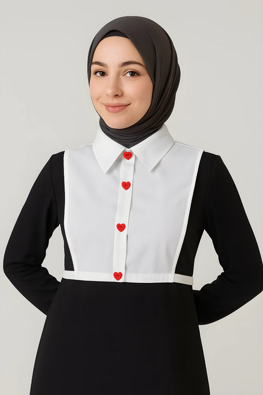 Kırmızı Kalp Düğmeli Gömlek Yakası - Beyaz